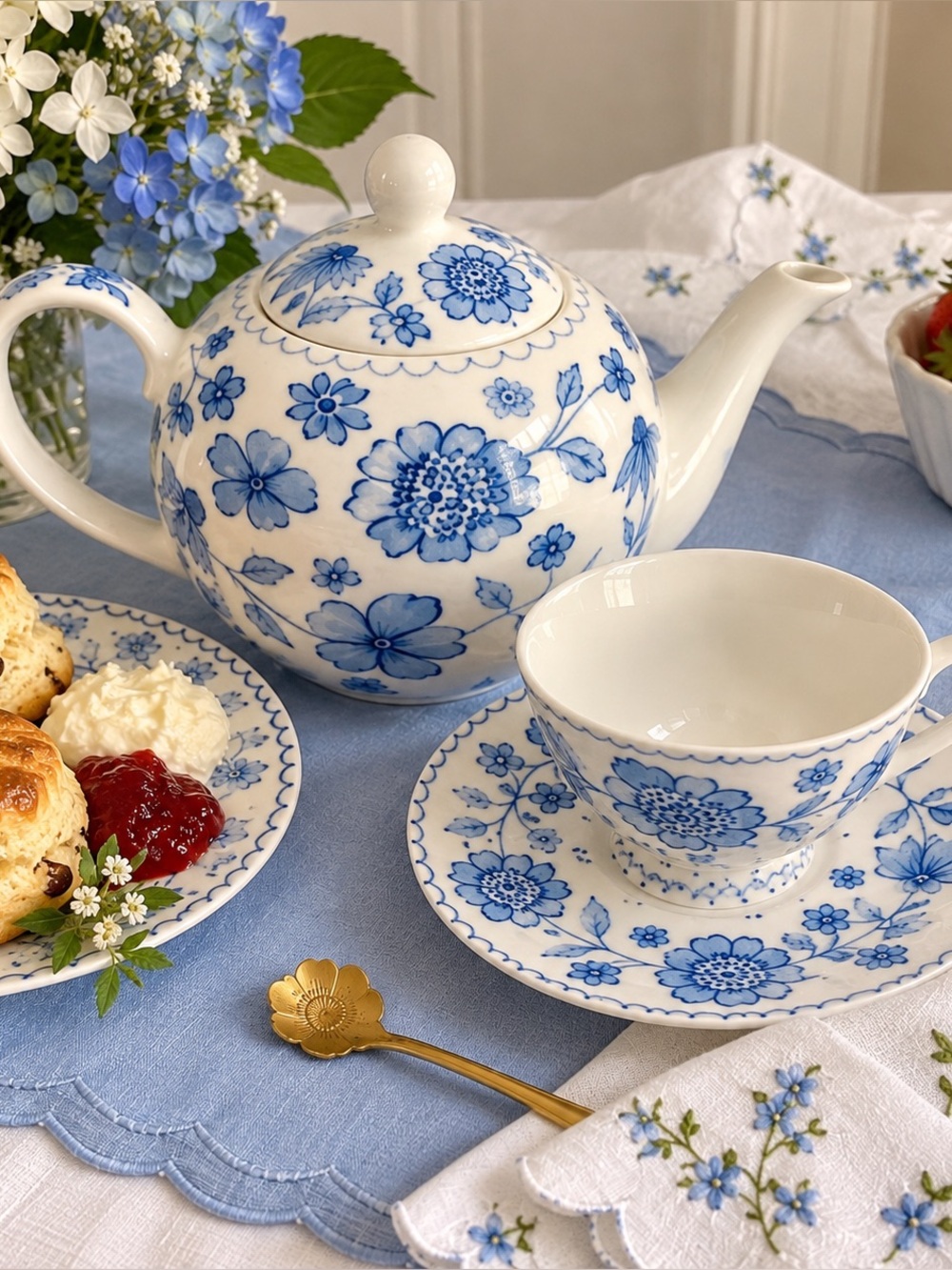 Harvest Green Studio Blue Floral Teapot Cup Saucer 3 Pc Tea Set